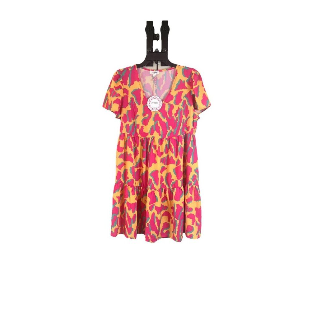 Umgee Babydoll Dress Womens M Flowy Oversized Mustard Pink Cheetah Print NWT